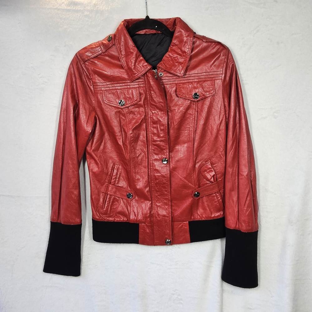 Red Lambskin Leather Moto Bomber Jacket Womens Medium Real Leather